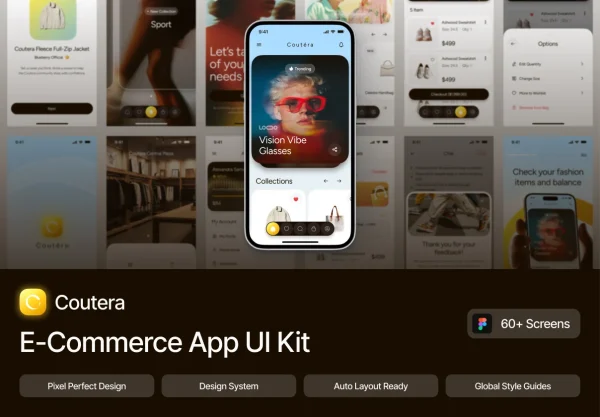 60屏时尚在线购物线上超市电商手机应用程序app ui界面设计figma模板 Coutera – E-Commerce App UI Kit