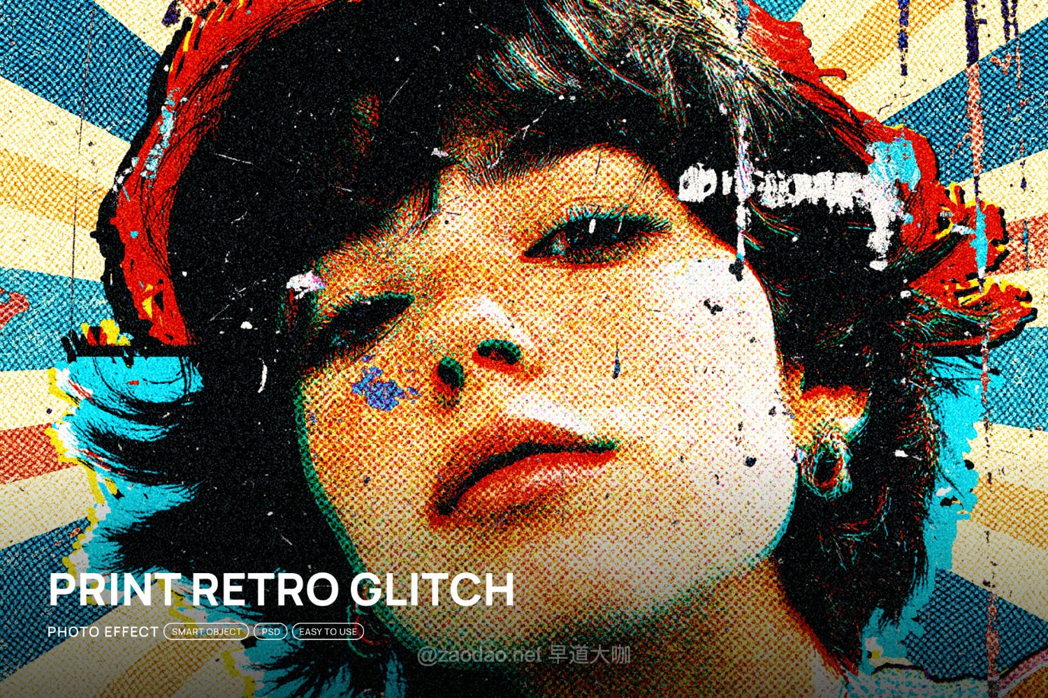 复古故障失真漫画半调印刷美学人像照片修图ps特效滤镜样机 Print Retro Glitch Photo Effect特色图 复古故障失真漫画半调印刷美学人像照片修图ps特效滤镜样机 Print Retro Glitch Photo Effect