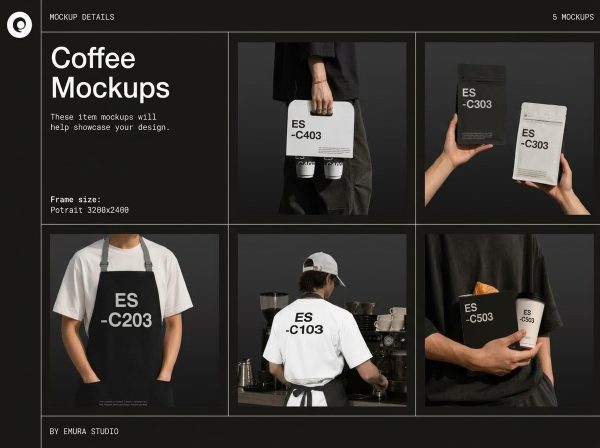 5款高端网红咖啡店纸杯包装袋工服品牌形象延展设计展示ps贴图效果图样机 Premium Coffee Shop Mockup Kit