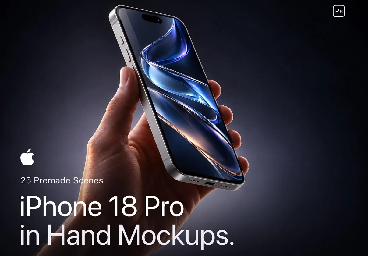 25款手持苹果iPhone 18 Pro手机ui界面作品集设计展示ps贴图效果图样机模板 iPhone 18 Pro in Hand Mockups特色图 25款手持苹果iPhone 18 Pro手机ui界面作品集设计展示ps贴图效果图样机模板 iPhone 18 Pro in Hand Mockups