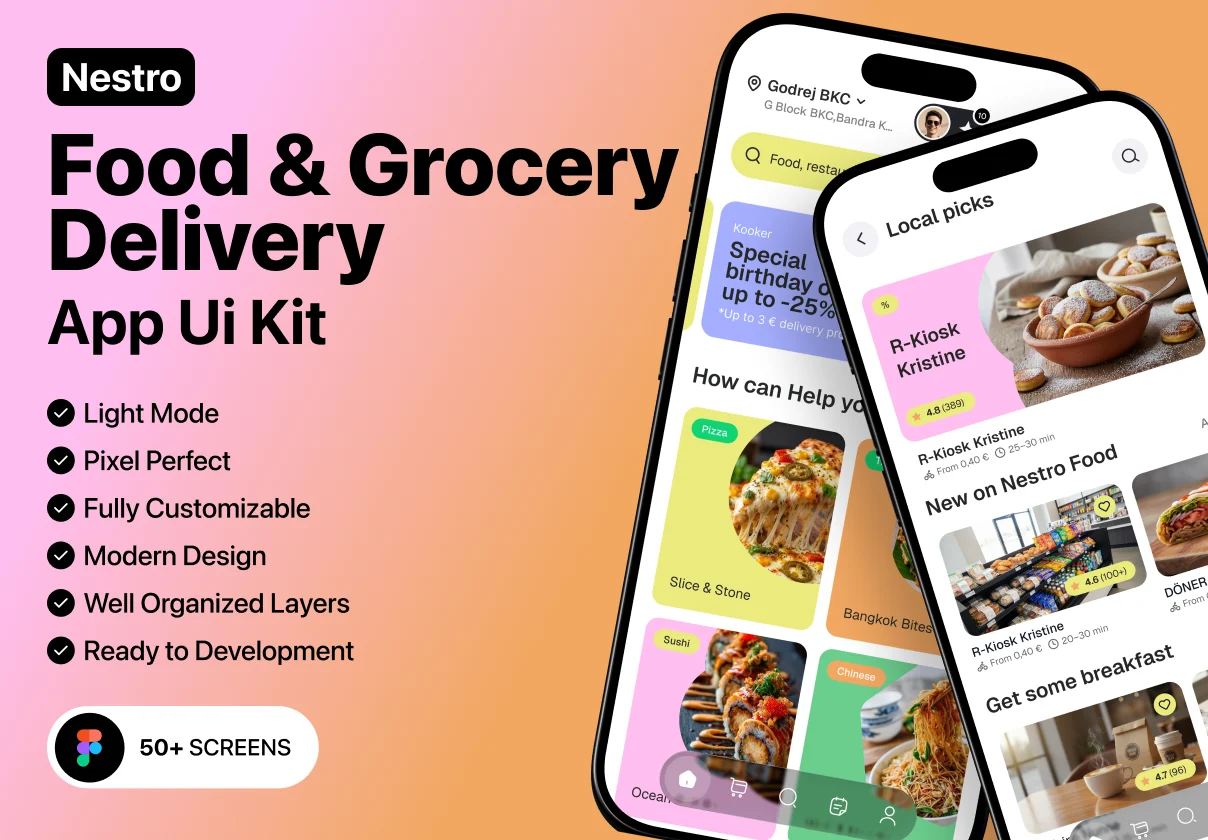 50+屏食品杂货在线购买配送手机app ui界面设计figma模板套件 Food & Grocery Delivery App Ui Kit特色图 50+屏食品杂货在线购买配送手机app ui界面设计figma模板套件 Food & Grocery Delivery App Ui Kit