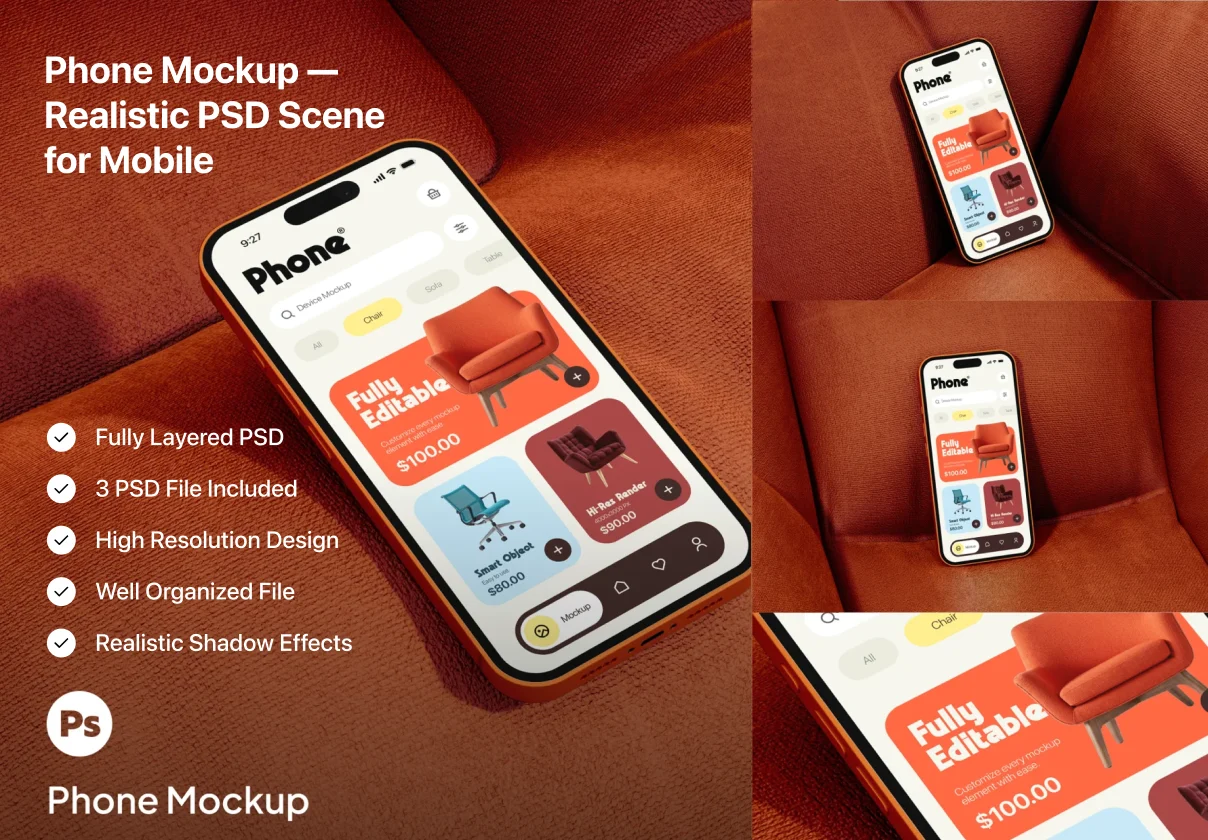 3款逼真ui界面作品集设计苹果iPhone手机贴图psd样机模板 Phone Mockup — Realistic PSD Scene for Mobile特色图 3款逼真ui界面作品集设计苹果iPhone手机贴图psd样机模板 Phone Mockup — Realistic PSD Scene for Mobile
