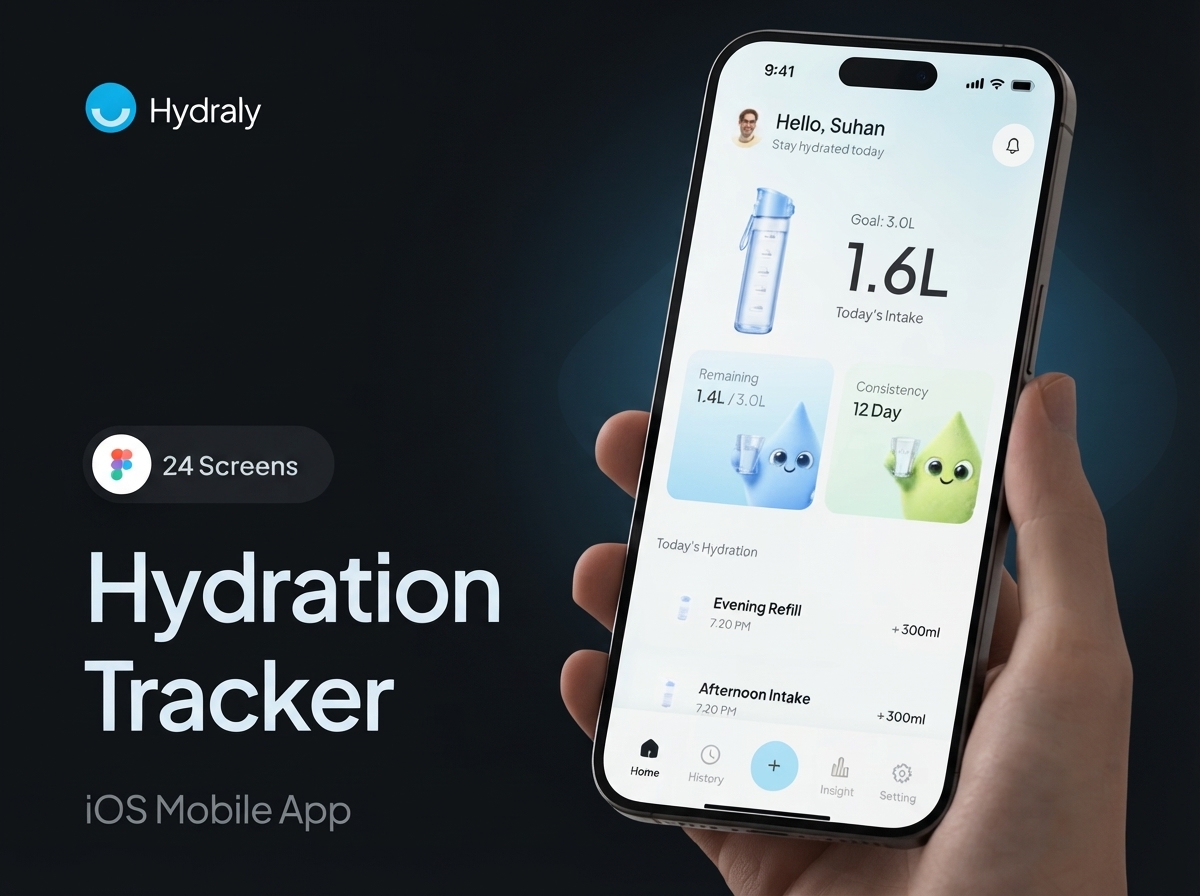 24屏健康补水饮水计划提醒应用程序app ui界面设计figma模板套件 Hydraly – Hydration Tracker & Water Reminder iOS UI Kit特色图 24屏健康补水饮水计划提醒应用程序app ui界面设计figma模板套件 Hydraly – Hydration Tracker & Water Reminder iOS UI Kit
