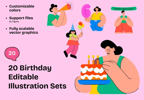 20款扁平化生日派对庆典主题手绘人物插图插画ai矢量设计素材 20 Birthday Editable Illustration Sets