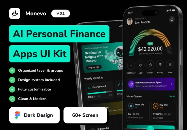60+屏AI智能个人理财财务管理金融科技app ui界面设计figma模板套件 Monevo – AI Personal Finance Mobile App UI Kit
