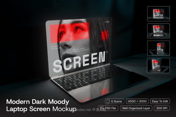 5款暗黑工业风全屏MacBook笔记本电脑网站界面UI作品集设计展示ps贴图样机模板 Modern Dark Moody Laptop Screen Mockup