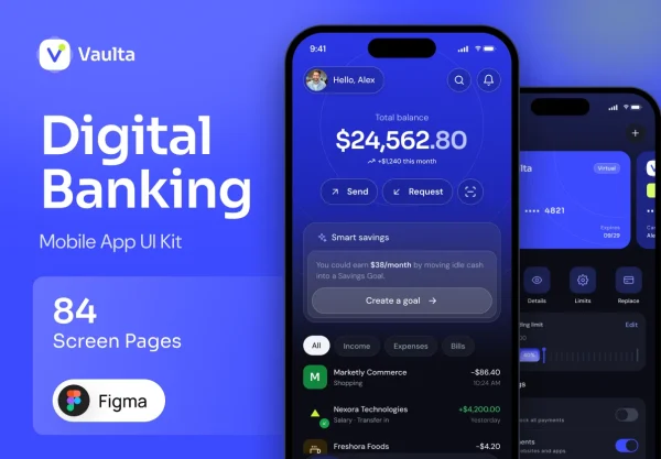 84屏暗黑数字银行财务管理金融科技手机应用程序app ui界面设计figma模板 Vaulta – Digital Banking Mobile App UI Kit