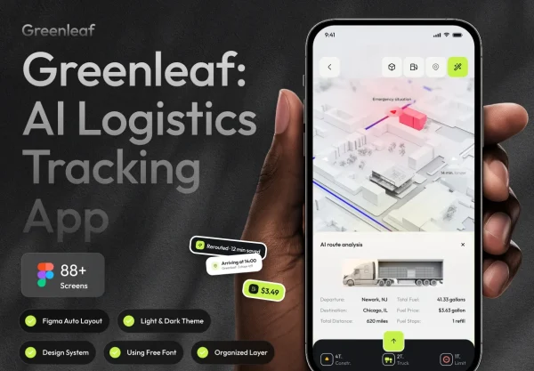 88屏AI智能物流快递货物配送订单跟踪应用程序app界面ui设计figma模板套件 Greenleaf — AI Logistics Tracking App UI Kit