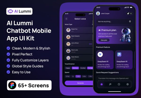 65+屏AI智能聊天机器人语音图片生成器app应用程序ui界面设计figma模板 AI Lummi Chatbot Mobile App UI Kit