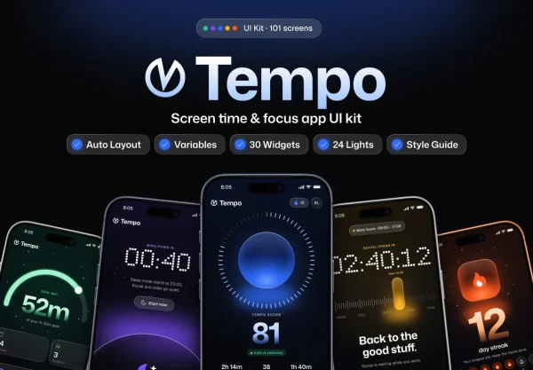 100屏暗黑液态玻璃光效健康健身App应用UI界面设计Figma组件素材 Tempo — Screen Time, Focus & Digital Wellbeing UI Kit
